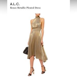 ALC Renzo Pleated Mock neck Midi Dress in antique gold.